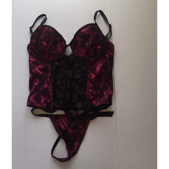 Vtg Native Intimates Coreset & Thong Lingerie Black Maroon Lace Black Ribbon 34B - Picture 1 of 9